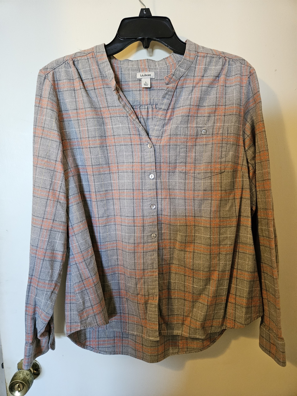 L.L. Bean Womens Gray and Orange Plaid Casual Button-Down Shirt